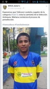 Yefferson Londoño, marcó 3 goles frente al Atlético Rionegro en la Sub 13.  Estuvo en preselección Antioquia. Es sensación en el torneo, en donde figura como uno de los goleadores. Foto Boca Juniors. 