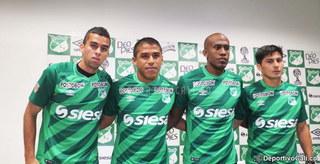 CALI. Daniel Giraldo (volante de recuperación), César Amaya (delantero), Felipe Banguero (lateral izquierdo) y el paraguayo Miguel Ángel Godoy (volante de recuperación), las cuatro caras nuevas. Falta por llegar el volante creativo argentino  Fabián Sambueza.  Foto tomada de la página web del Deportivo Cali.